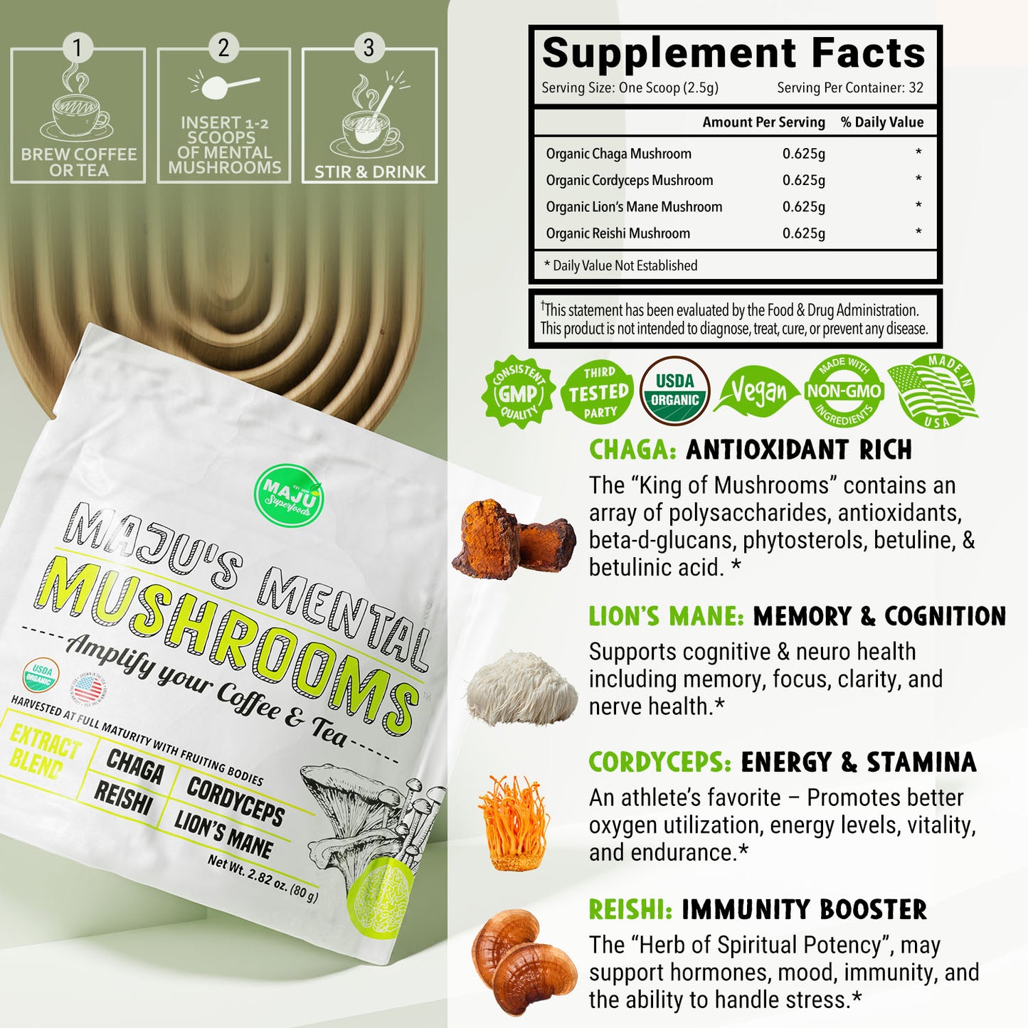 Organic Mental Mushrooms (80g) - Maju Superfoods