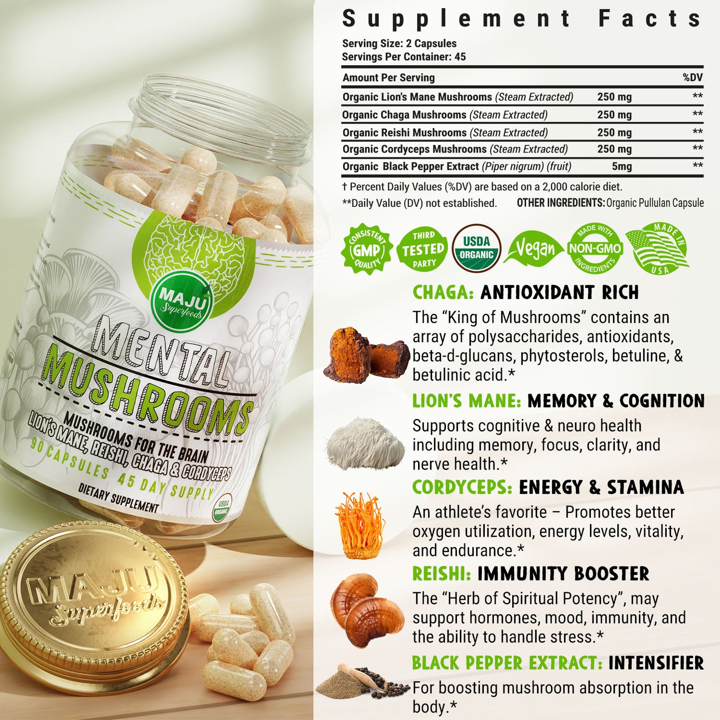Mental Mushroom Capsules (90ct) - Maju Superfoods