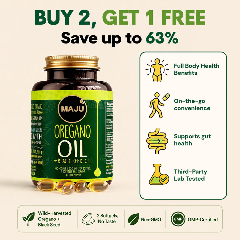 Buy 2, get 1 free — Maju Oregano Oil + Black Seed Oil softgels, third-party lab tested, supports gut health