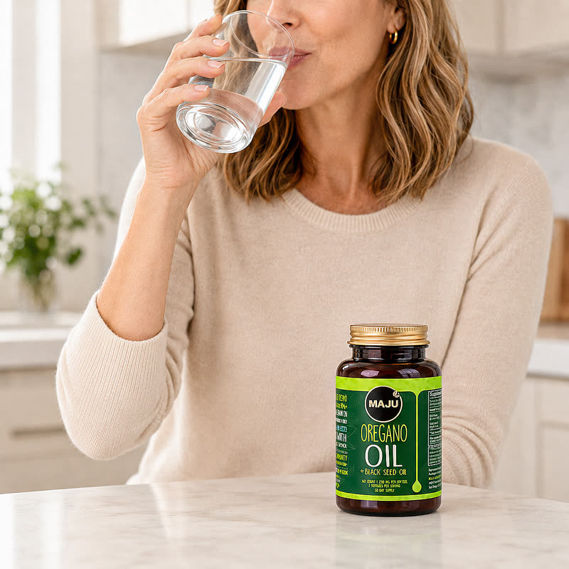 Taking the softgels with a glass of water