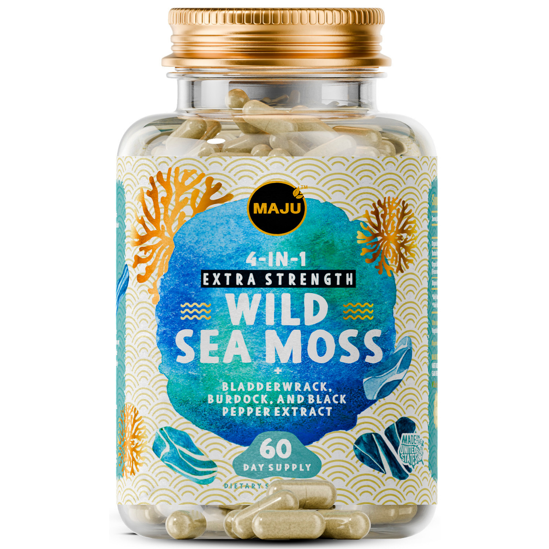 Maju wild Irish sea moss capsules Chondrus crispus bottle