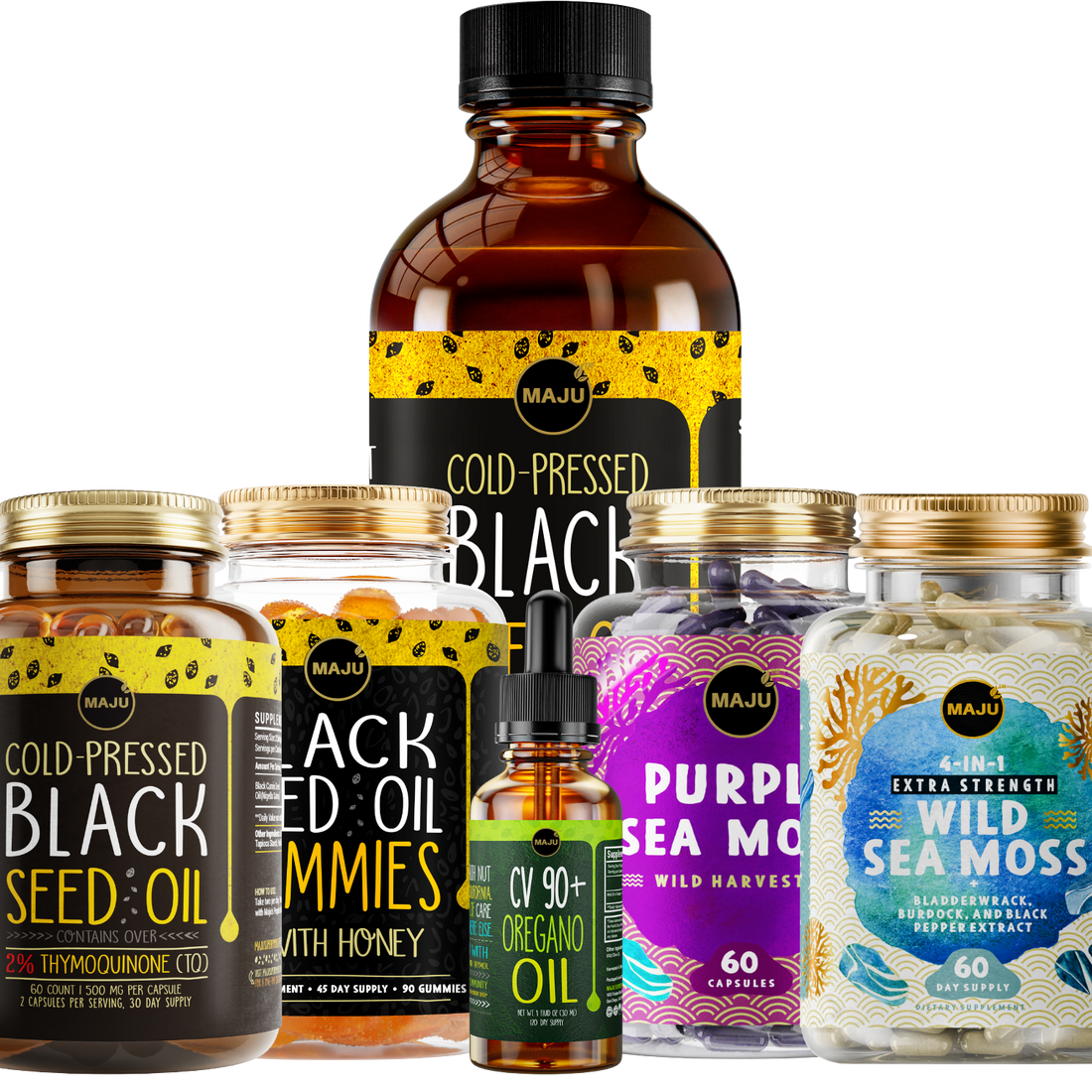 Maju superfood supplement stack with black seed oil sea moss and maca