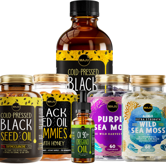 Maju superfood supplement stack with black seed oil sea moss and maca