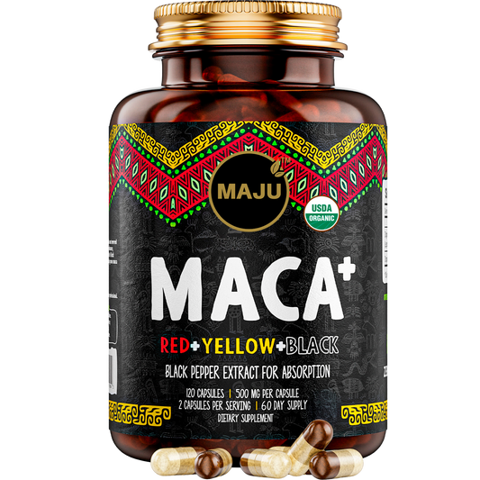 Maju organic red yellow and black maca root capsules for women