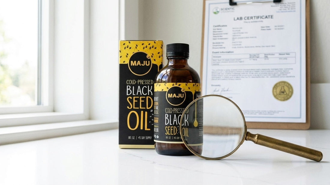 MAJU black seed oil bottle and box inspected with magnifying glass and lab certificate
