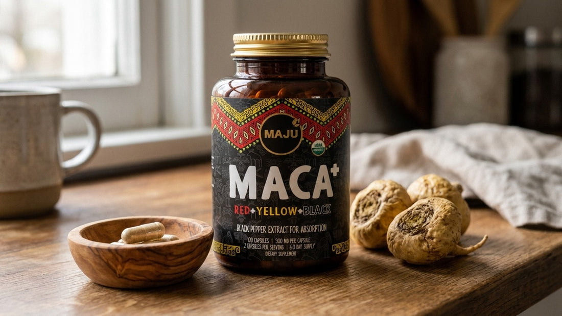 MAJU Maca Plus bottle with two capsules in a wooden bowl and dried maca roots
