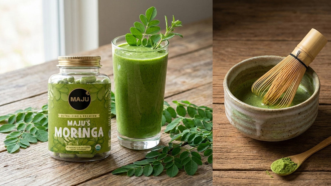 MAJU moringa capsules and green smoothie beside a traditional matcha bowl and whisk