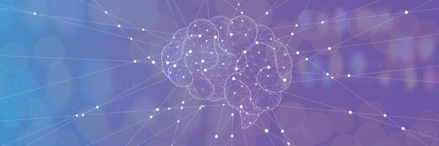 blue and purple background with white outline of brain and glowing neurons firing