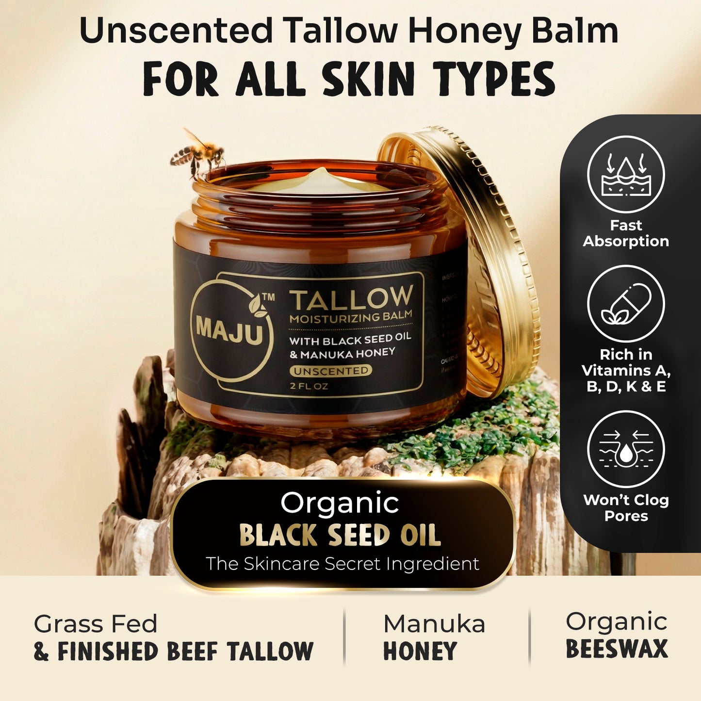 Tallow Black Seed Manuka Honey Balm, Unscented - Maju Superfoods