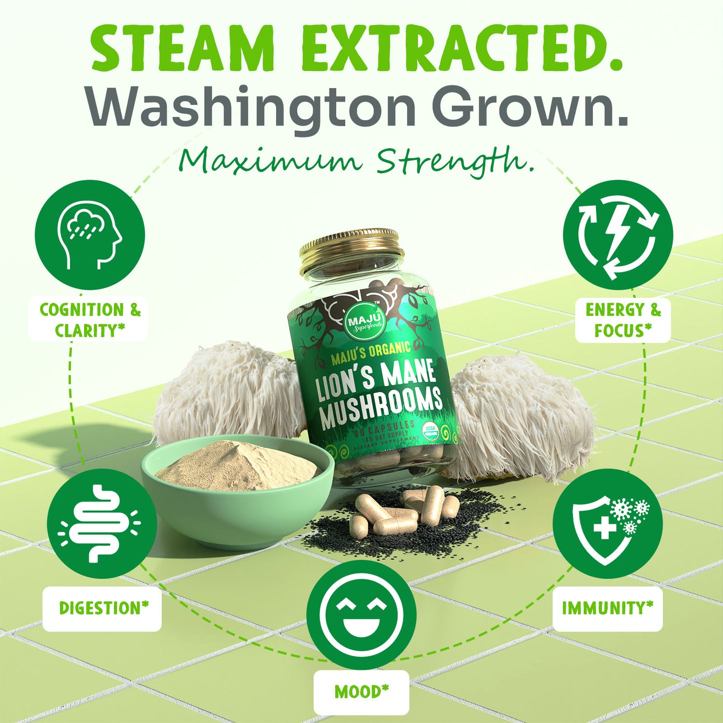 Lion's Mane Capsules (90ct) - Maju Superfoods