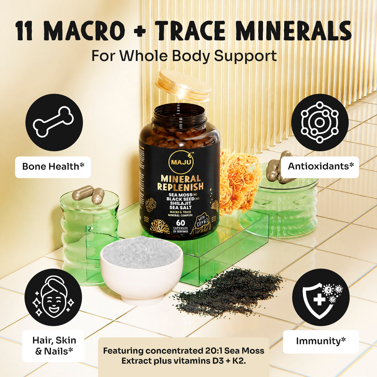 MAJU Mineral Replenish with sea moss and seaweed: 11 macro and trace minerals with vitamins D3 and K2