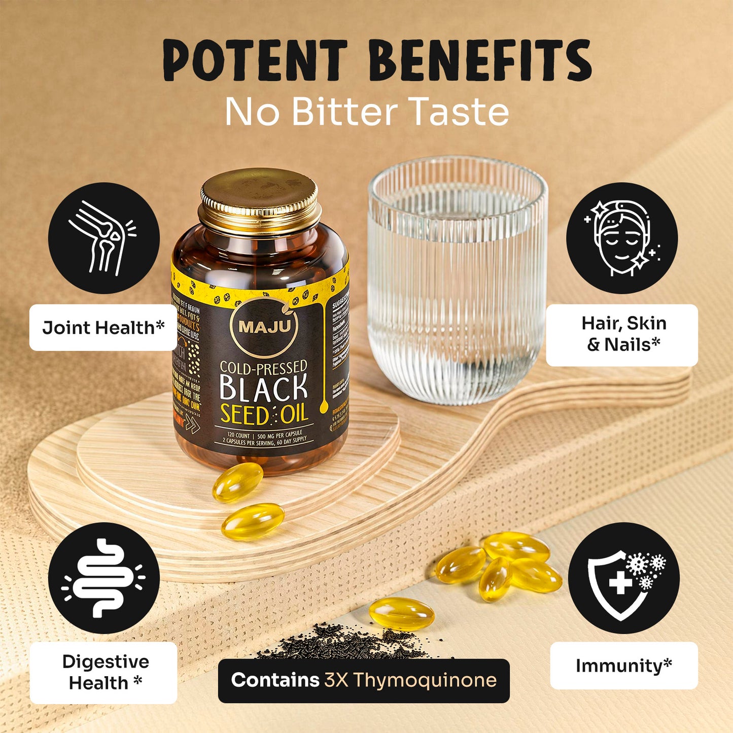 Black Seed Oil Capsules 120ct — MAJU Cold-Pressed Softgels, High Thymoquinone