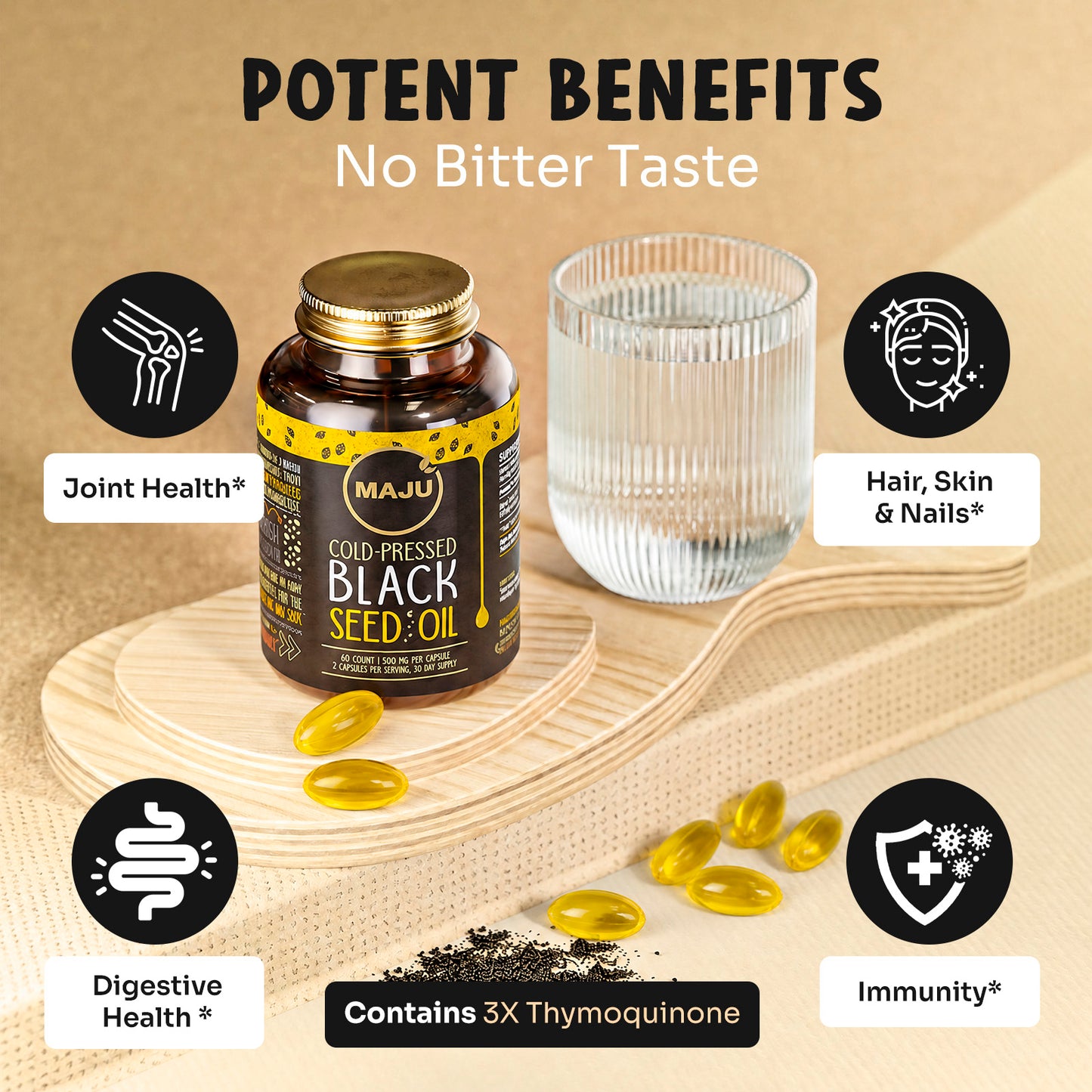 Black Seed Oil Capsules 60ct — MAJU Cold-Pressed Softgels, High Thymoquinone