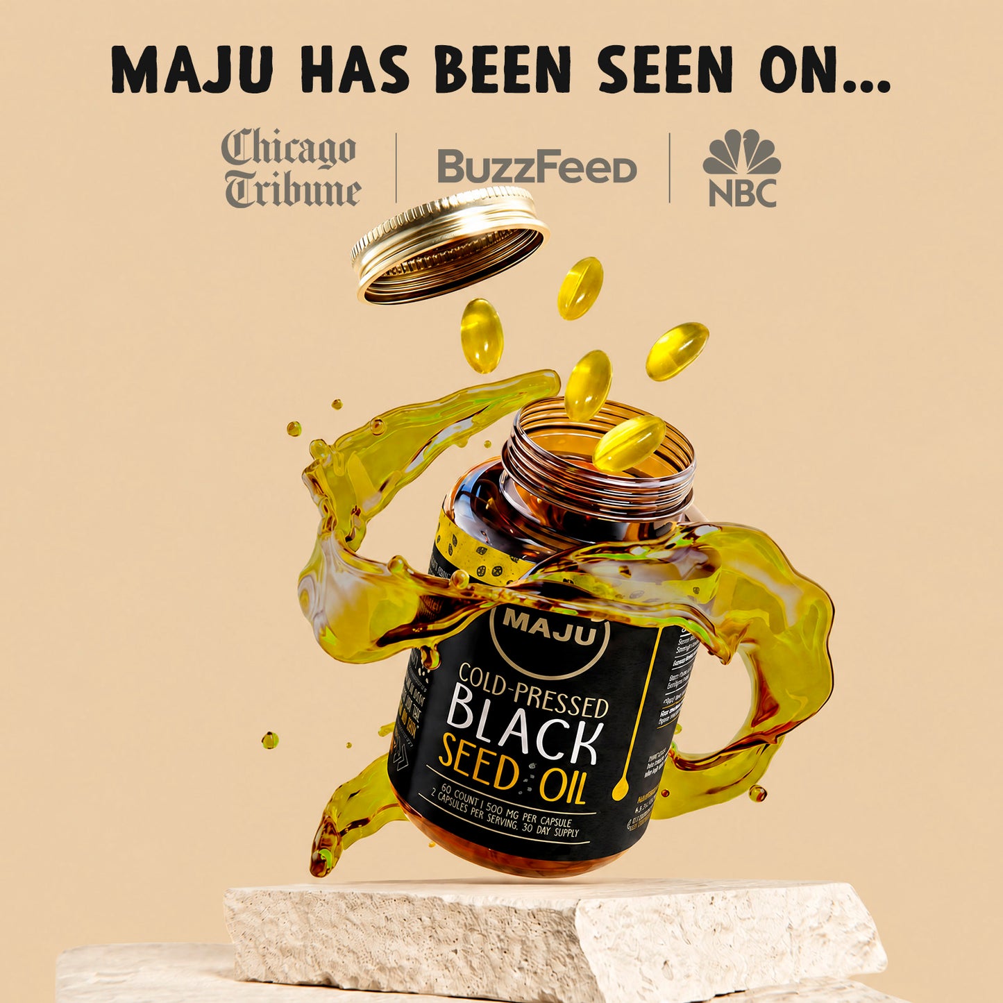 Black Seed Oil Capsules 60ct — MAJU Cold-Pressed Softgels, High Thymoquinone