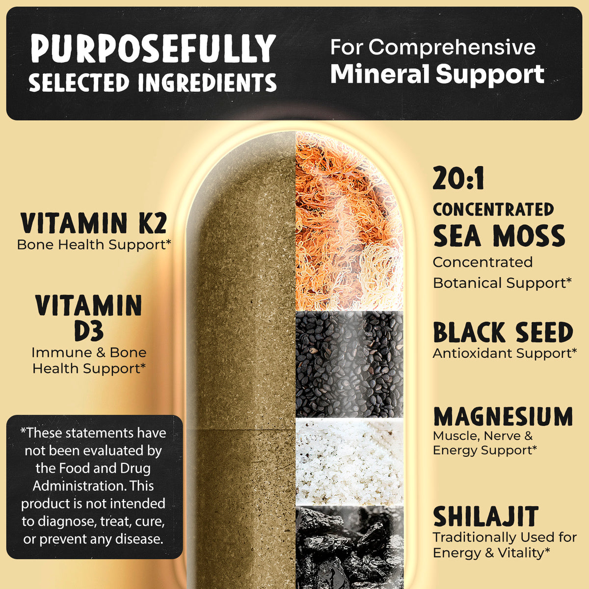 MAJU Mineral Replenish key ingredients: vitamin K2, vitamin D3, 20:1 sea moss, black seed, magnesium, shilajit