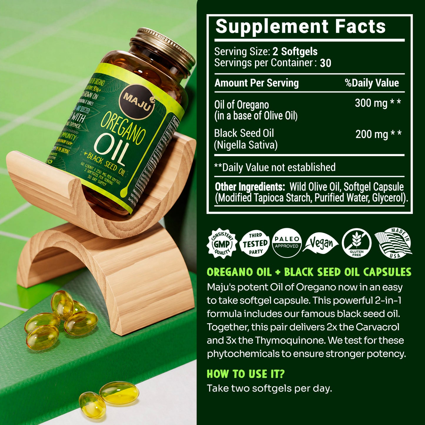 Maju Oregano Oil capsules 60ct organic black seed oil bottle