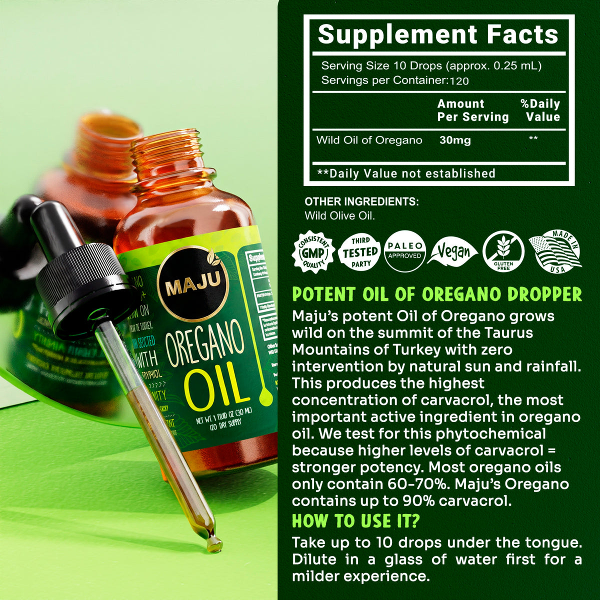 MAJU Oil of Oregano 1oz dropper supplement facts panel and directions: up to 10 drops under the tongue