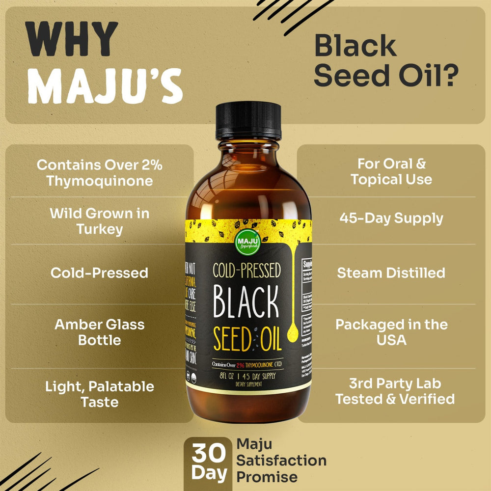 Maju Superfoods MAJU's Black Seed Oil Capsules - Stronger 3X% Thymoquinone  - Cold-Pressed - Black Cumin Nigella Sativa Seed Oil - Organic Grown BSO 