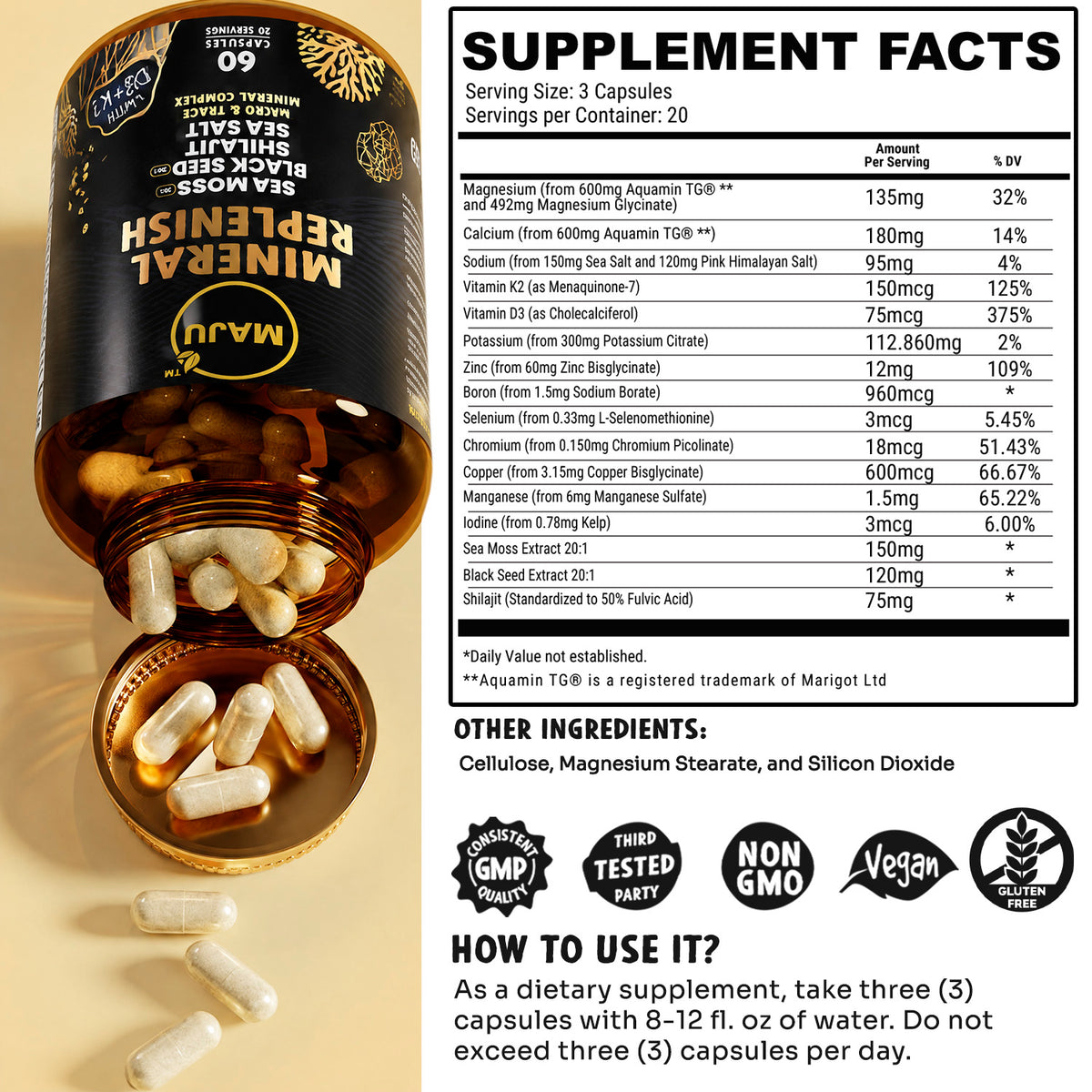 MAJU Mineral Replenish supplement facts panel and directions: take three capsules with water daily