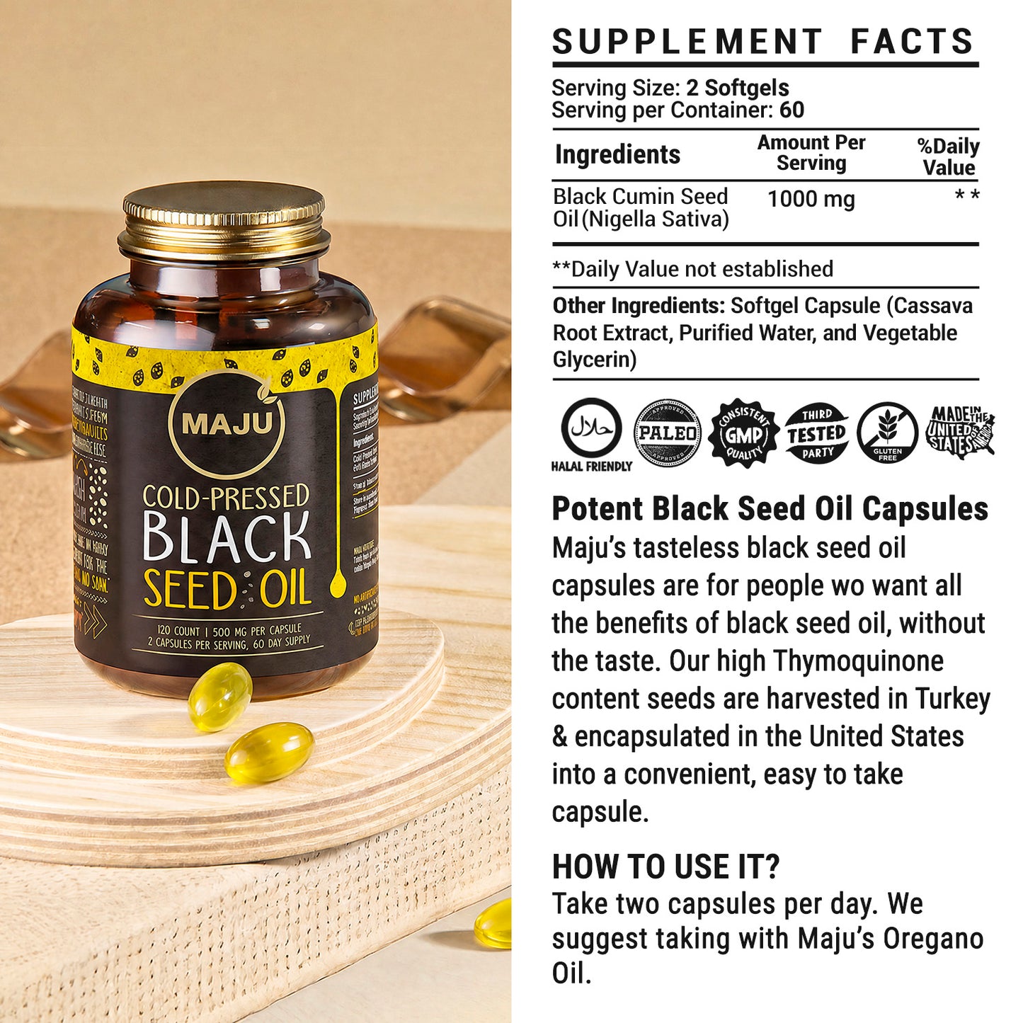 Black Seed Oil Capsules 120ct — MAJU Cold-Pressed Softgels, High Thymoquinone