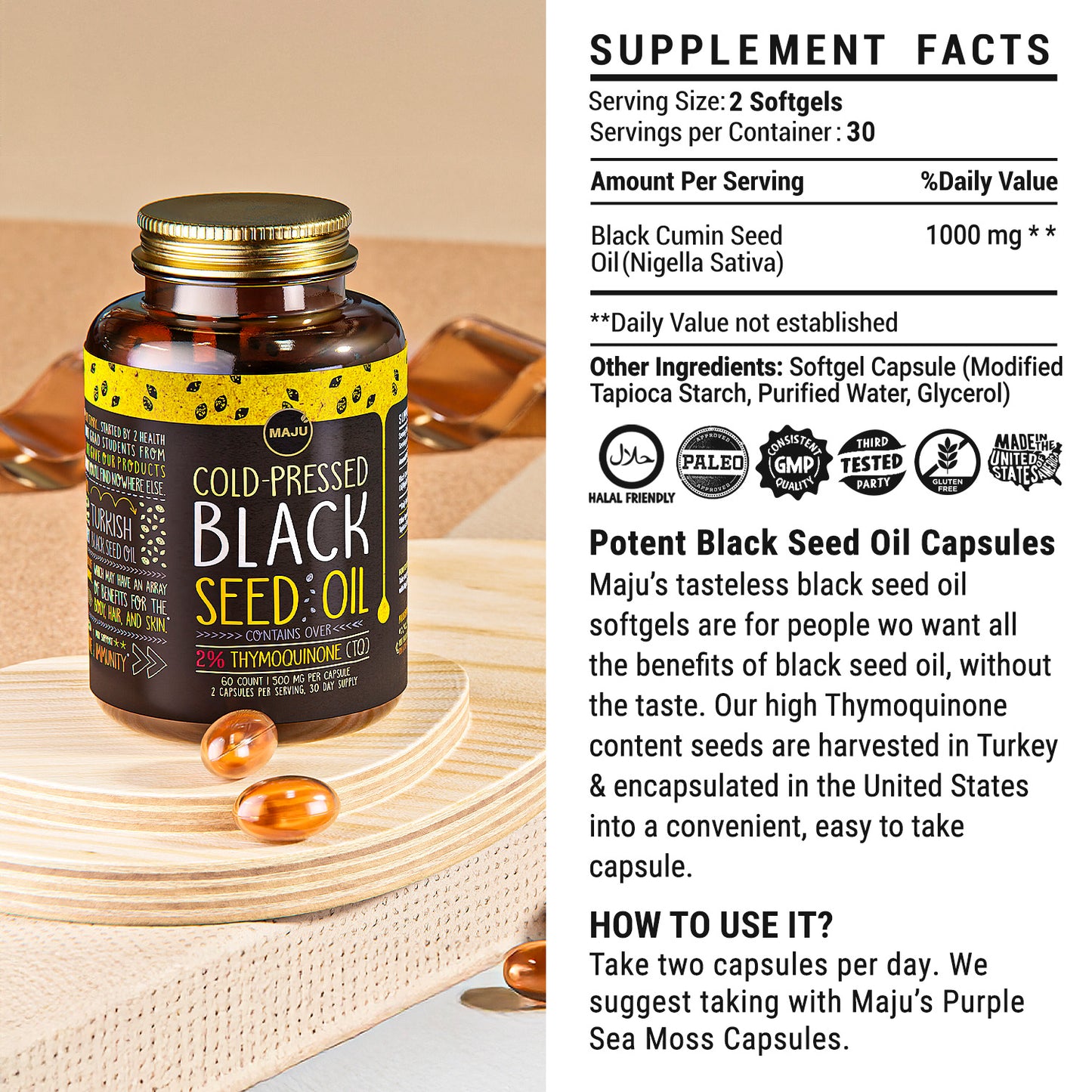 Black Seed Oil Capsules (60ct) 20.00% Off Auto renew - Maju Superfoods