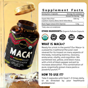 Organic Maca Capsules 120ct — MAJU Red, Yellow & Black Root + Black Pepper - Thumbnail 6