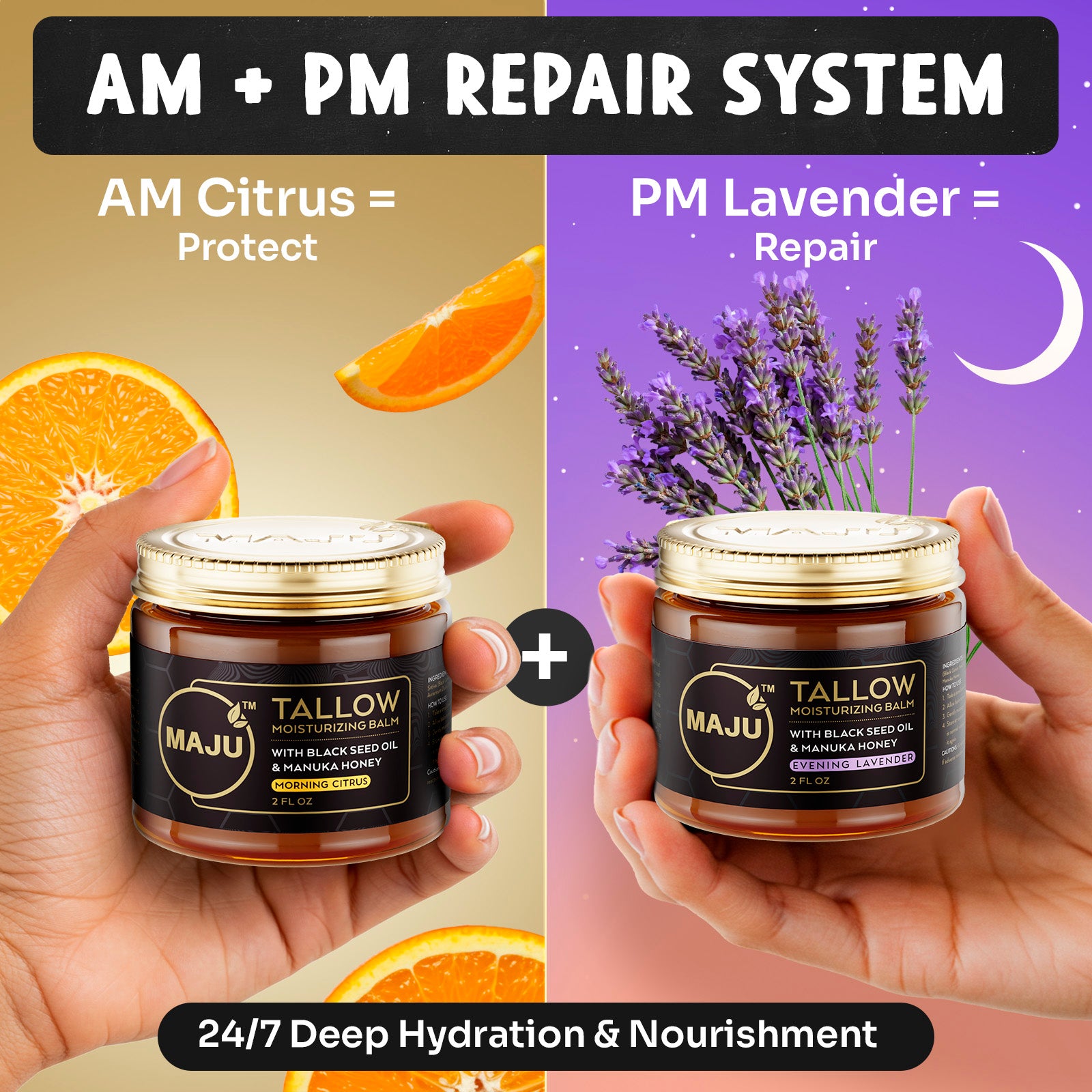 MAJU's Tallow Moisturizing Balm: 1 Morning Citrus + 1 Evening Lavender - Maju Superfoods
