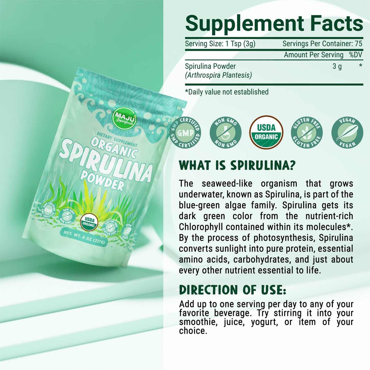 Organic Spirulina Powder (8oz) - Maju Superfoods
