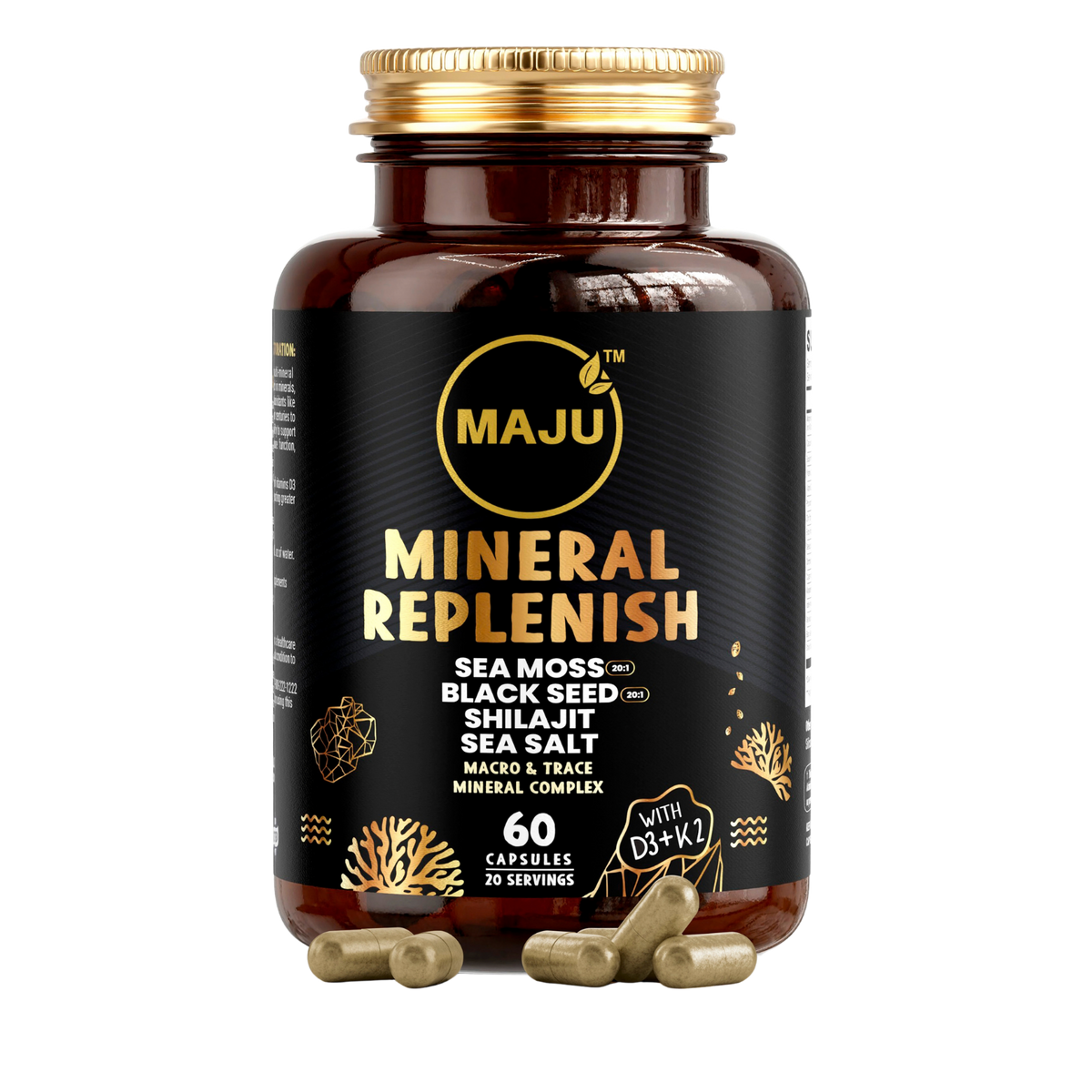 MAJU Mineral Replenish jar, 60 capsules: sea moss, black seed, shilajit and sea salt mineral complex