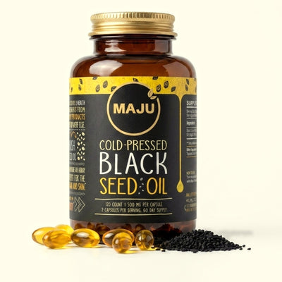 Black Seed Oil Capsules 120ct — MAJU Cold-Pressed Softgels, High Thymoquinone