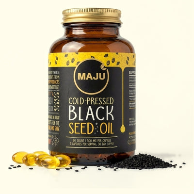 Black Seed Oil Capsules 60ct — MAJU Cold-Pressed Softgels, High Thymoquinone