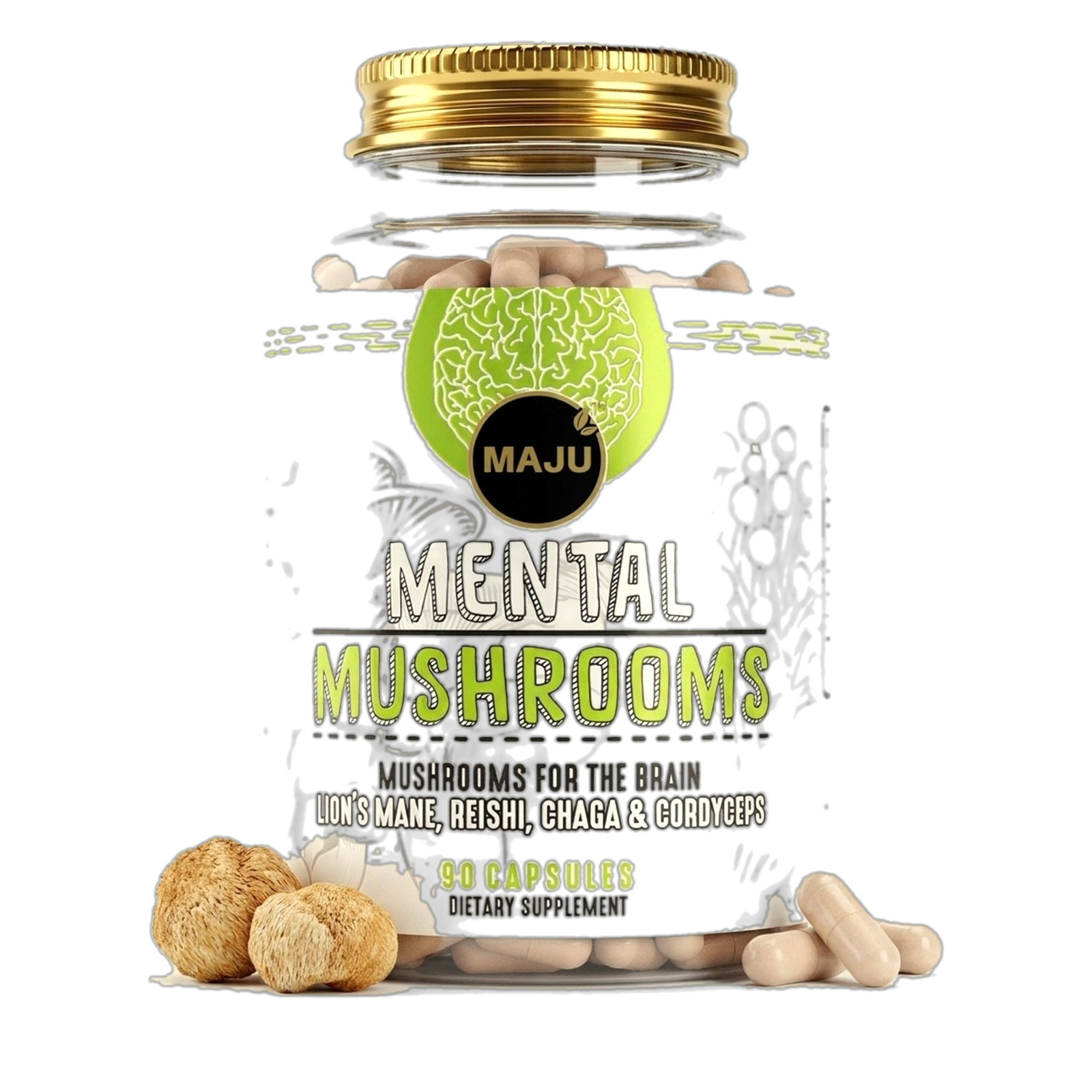 Mushroom Complex Capsules 90ct — MAJU Lion's Mane, Chaga, Cordyceps & Reishi - Image 1