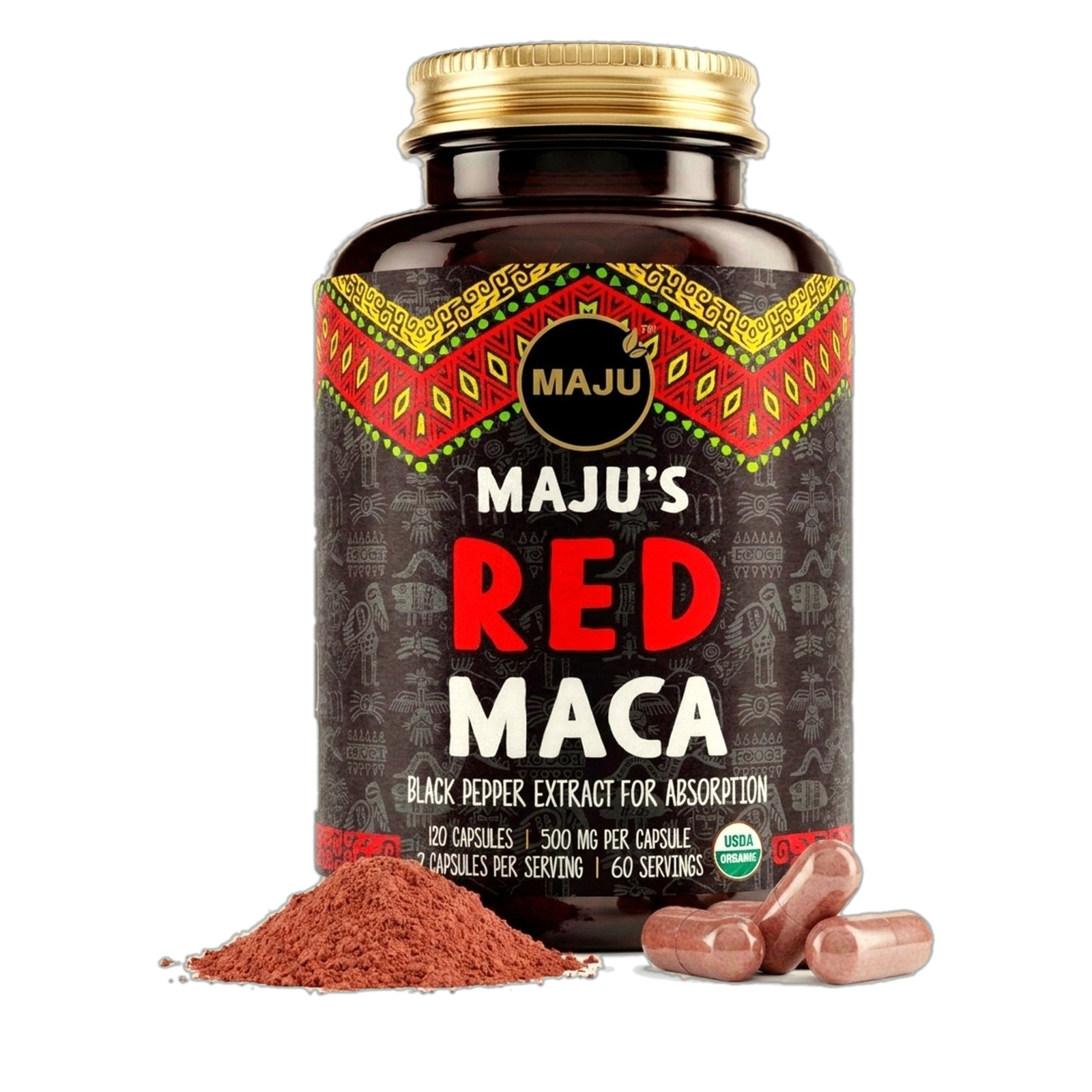 Organic Red Maca Root Capsules 120ct — MAJU Gelatinized - Image 1