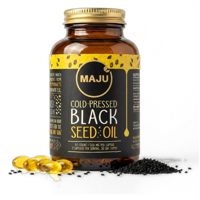 Black Seed Oil Capsules 60ct — MAJU Cold-Pressed Softgels, High Thymoquinone